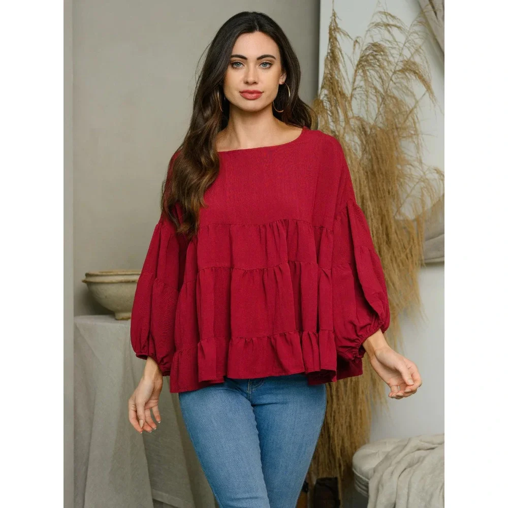 Wine Red Long Sleeve Tiered Tunic Top - Picture 1 of 4